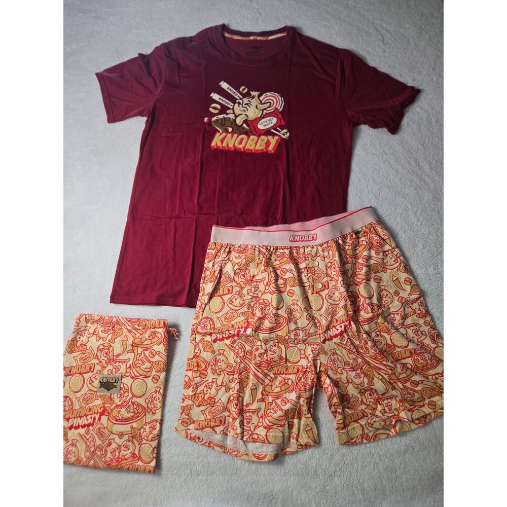 Knobby Mens Pajama Set Large‎ Maroon Dumpling Dynasty Lounge Shirt Shorts Bag